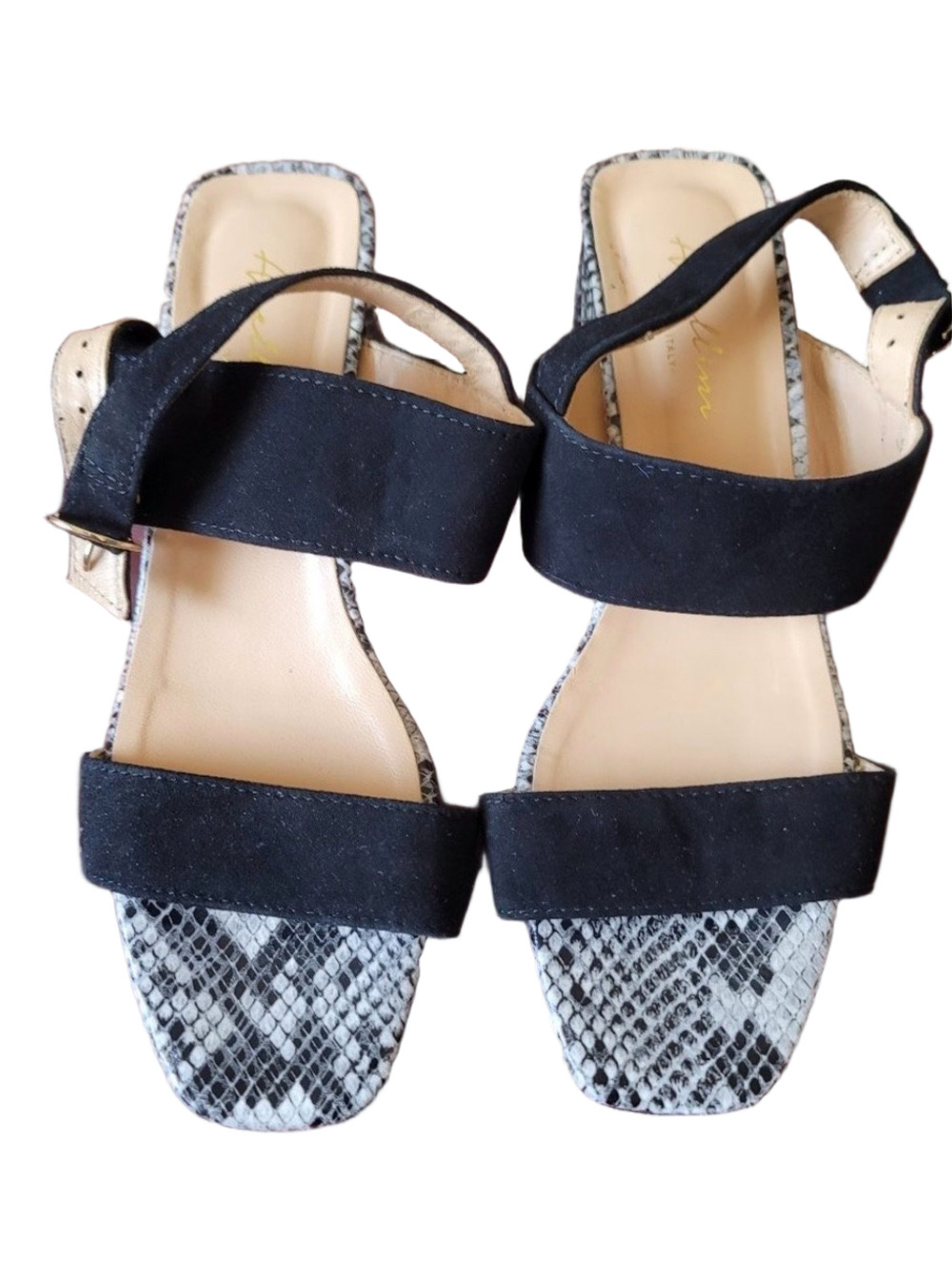 Avellini Suede Snake Skin Leather Two Strapes Block Heel Sandals Sz 9 Italy chic